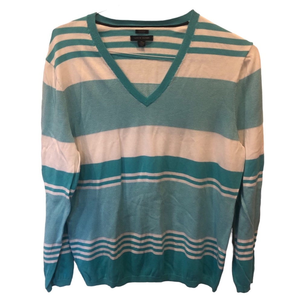 Tommy Hilfiger Women’s blue and white stripe v-neck 48” hips and waist xxl